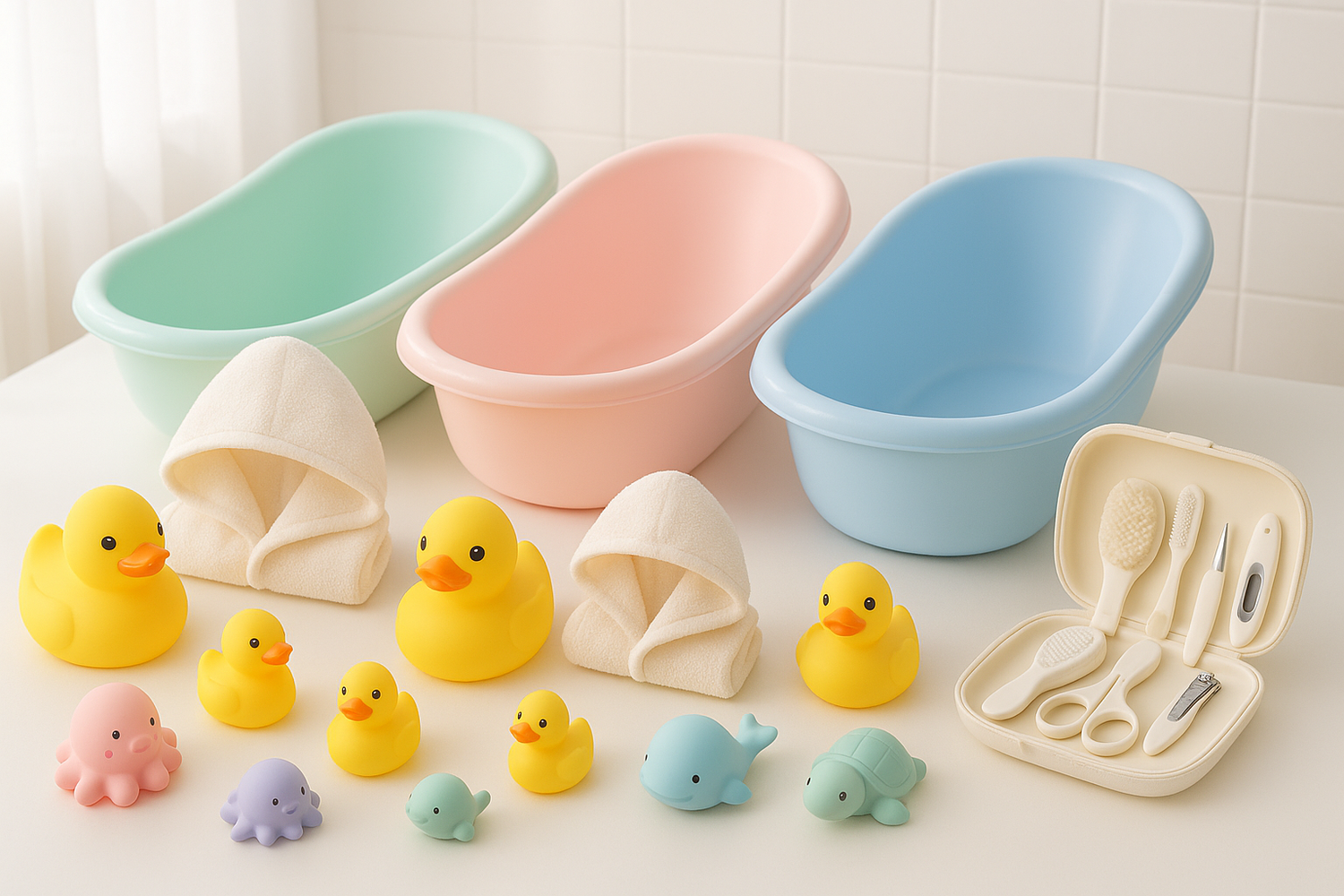 baby bathtubs, bath toys, towels, and grooming kits.